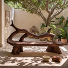 Organic Solid Wood Bench with Flowing Branch Backrest and Sculptural Base