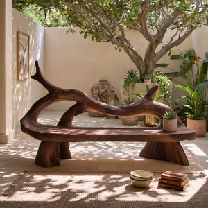 Organic Solid Wood Bench with Flowing Branch Backrest and Sculptural Base