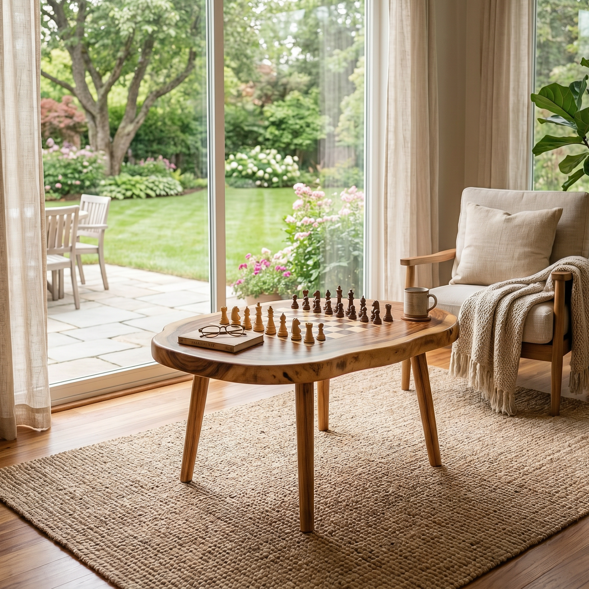 Handcrafted Solid Wood Oval Chess Coffee Table with Built In Board