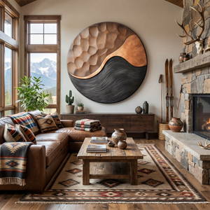 Handcrafted Oval Wood Wall Art with Black Wave Texture and Carved Mosaic Relief