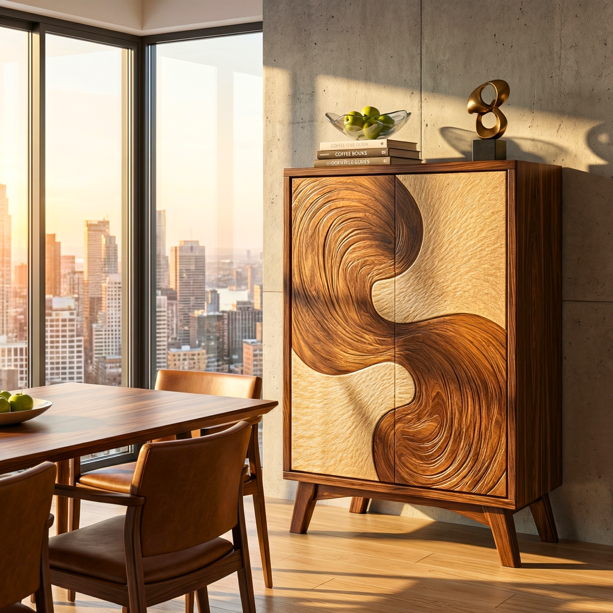 Solid Wood Sideboard with Flowing Wave Sculptural Doors for Modern Interiors