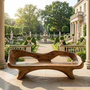 Handcrafted Organic Solid Wood Bench with Cushion Sculptural Modern Seating