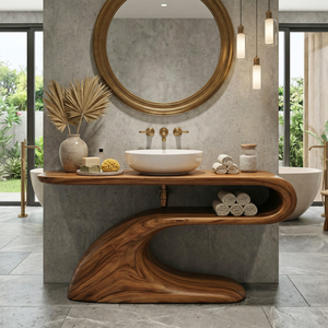 Modern Solid Wood Bathroom Vanity with Sculptural Curved Open Shelf