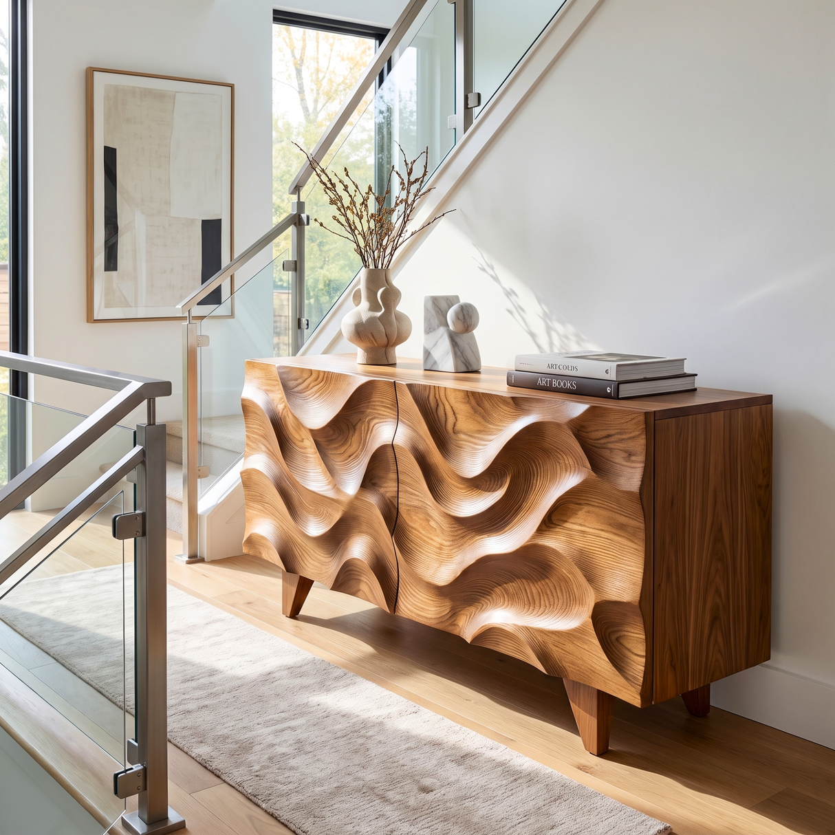 Sideboard Solid Wood with Sculptural Wave Carved Doors for Living Room Decor