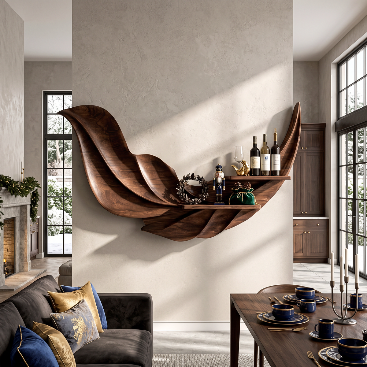 Sculptural Feather Wall Mounted Wine Holder in Solid Wood with Display Shelves