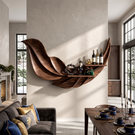 Sculptural Feather Wall Mounted Wine Holder in Solid Wood with Display Shelves
