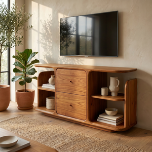 Natural Solid Wood Sideboard with Two Drawers and Open Display Shelves