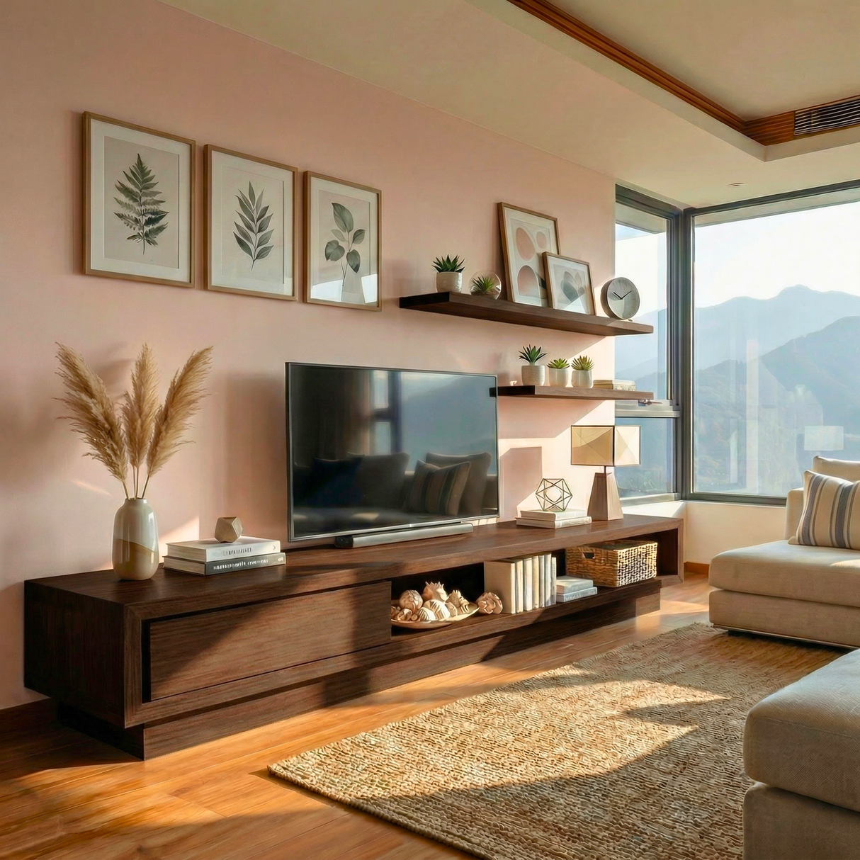 Solid Wood TV Cabinet with Open Shelf Storage for Modern Living Rooms