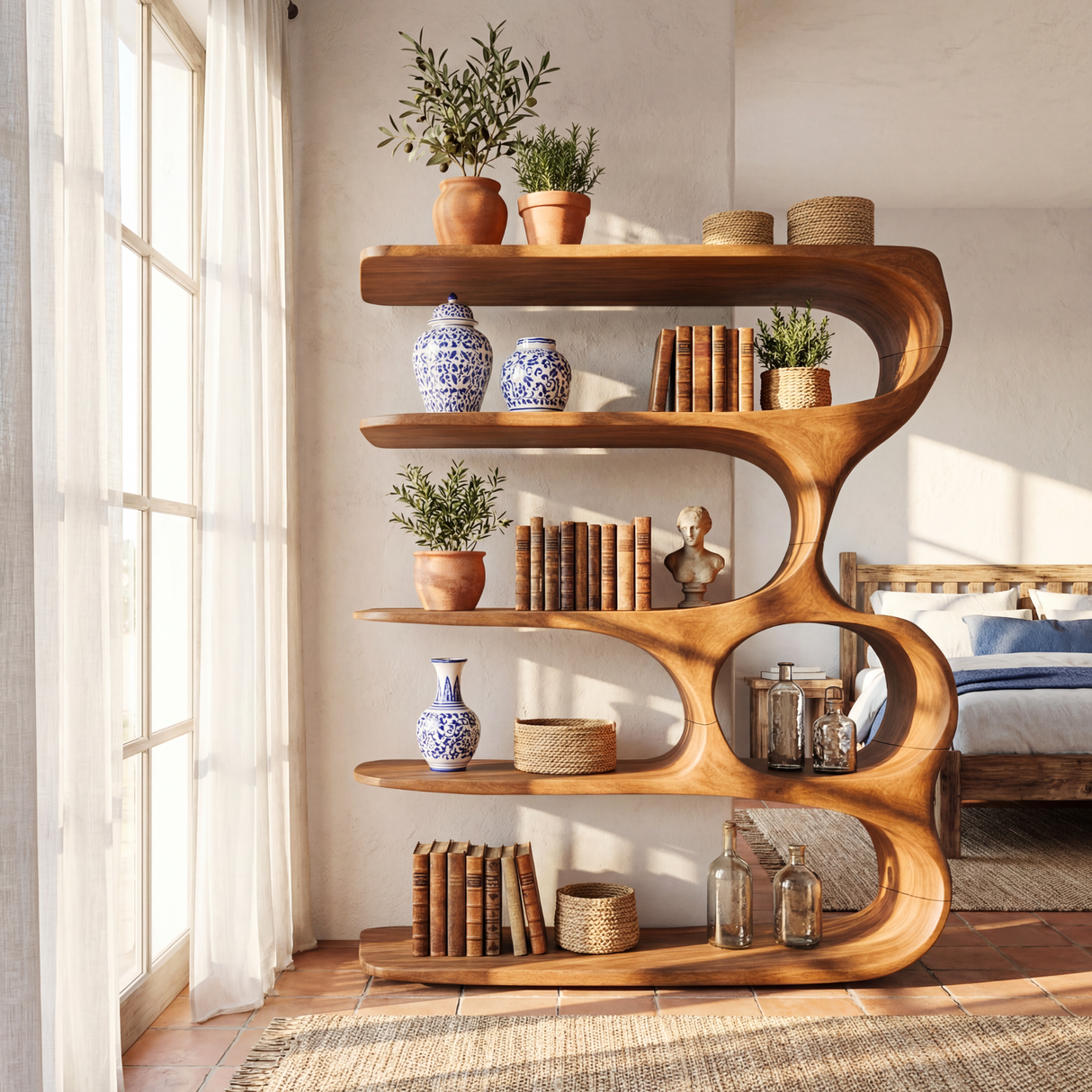 Ribbon Curve Wood Bookcase with Long Floating Display Shelves