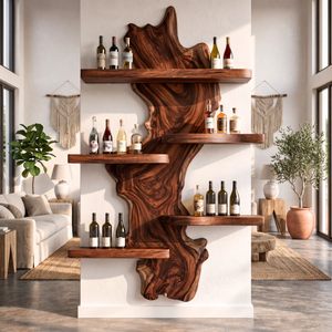 Wall Mounted Wine Rack Solid Wood with Sculptural Live Edge Center and Display Shelves