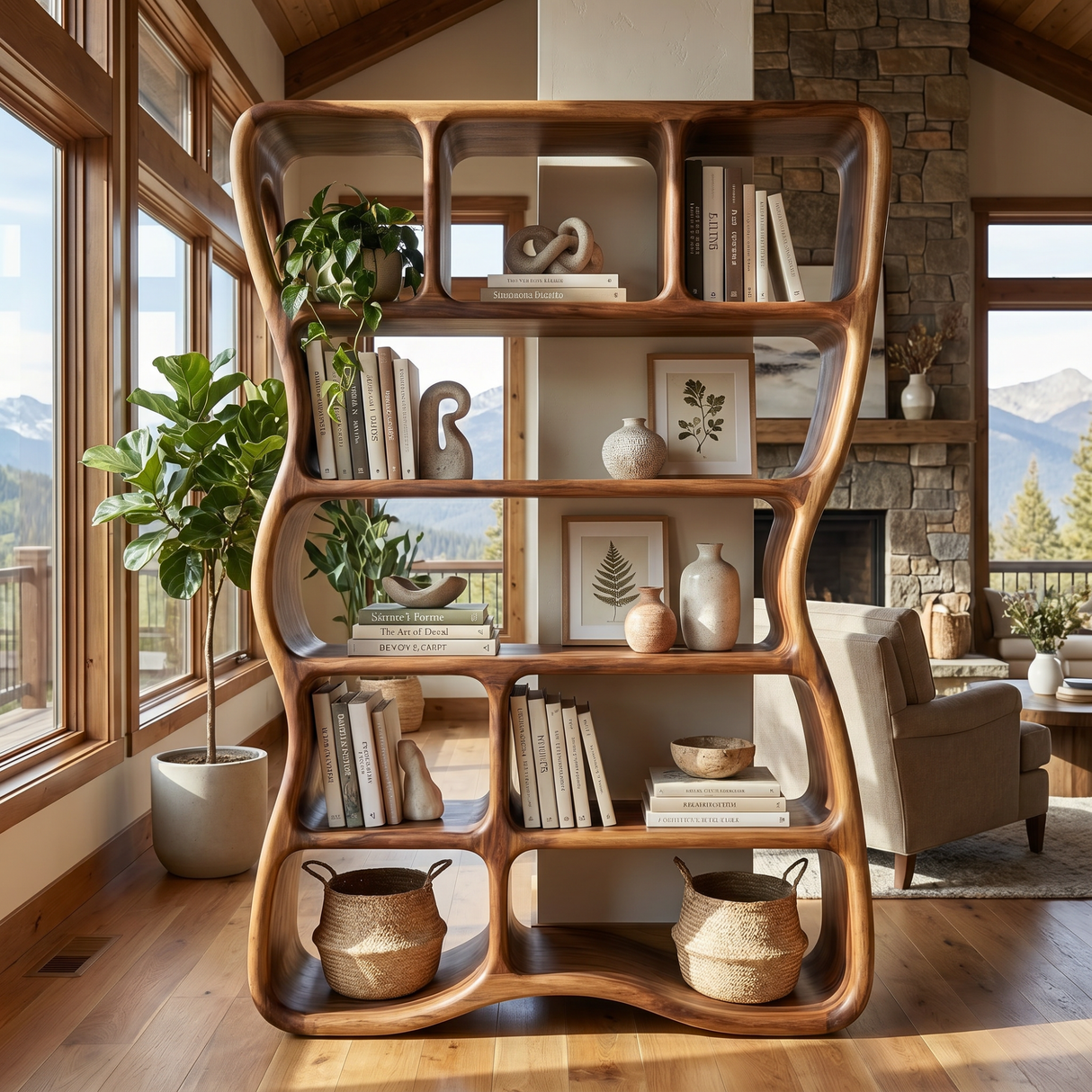 Handcrafted Solid Wood Organic Bookshelf with Rounded Open Shelves