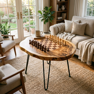 Handcrafted Solid Wood Chess Coffee Table with Organic Slab Top and Hairpin Legs