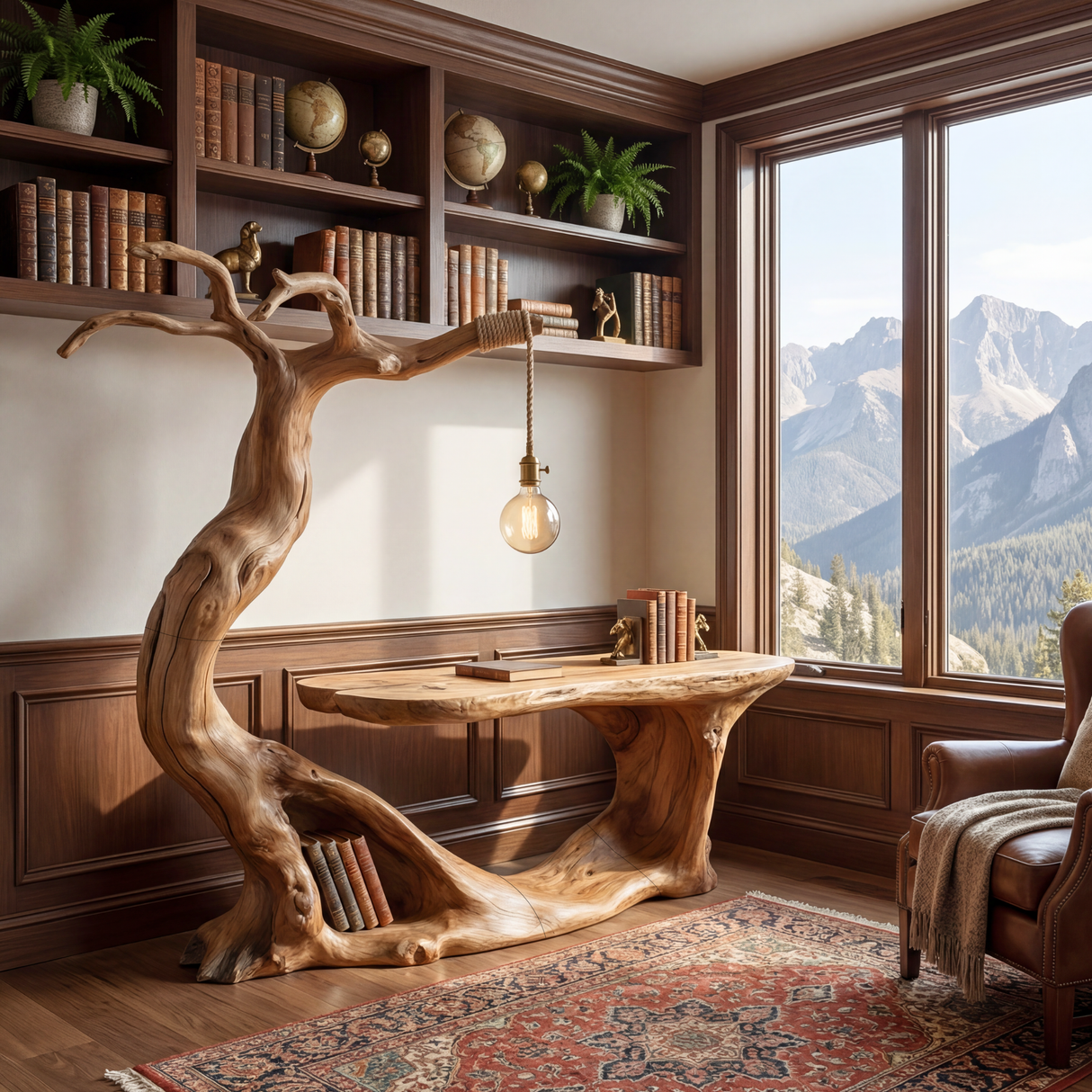 Sculptural Solid Wood Desk with Integrated Hanging Lamp and Open Shelf, Organic Writing Table, Artistic Reading Workspace
