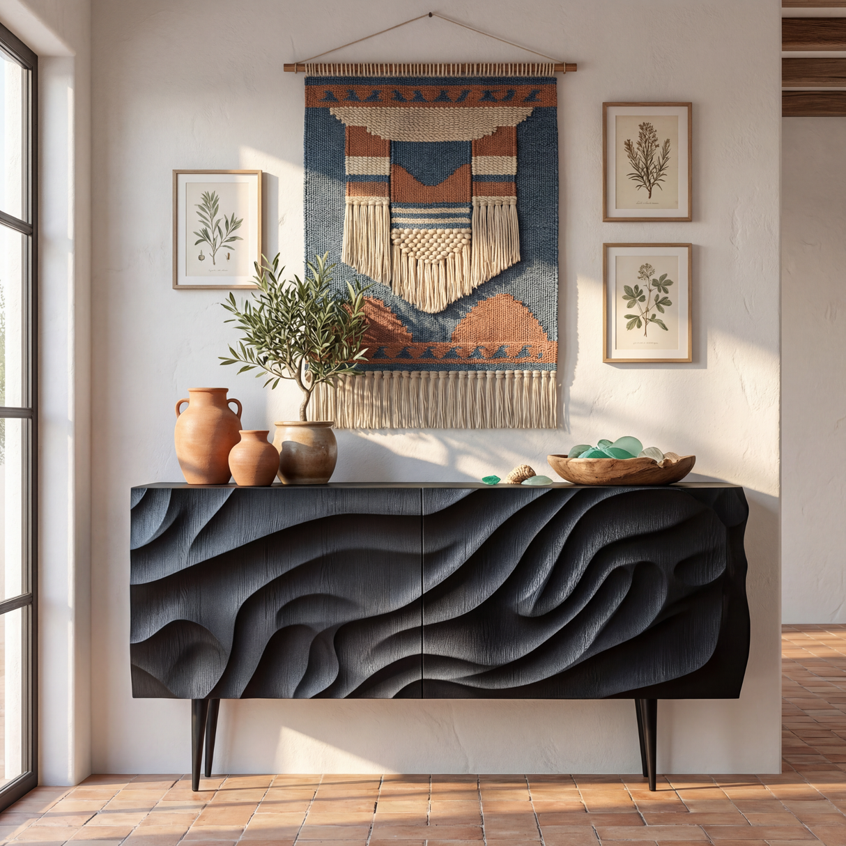 Sculpted Black Wood Sideboard Cabinet with Carved Wave Front for Modern Living and Dining Rooms