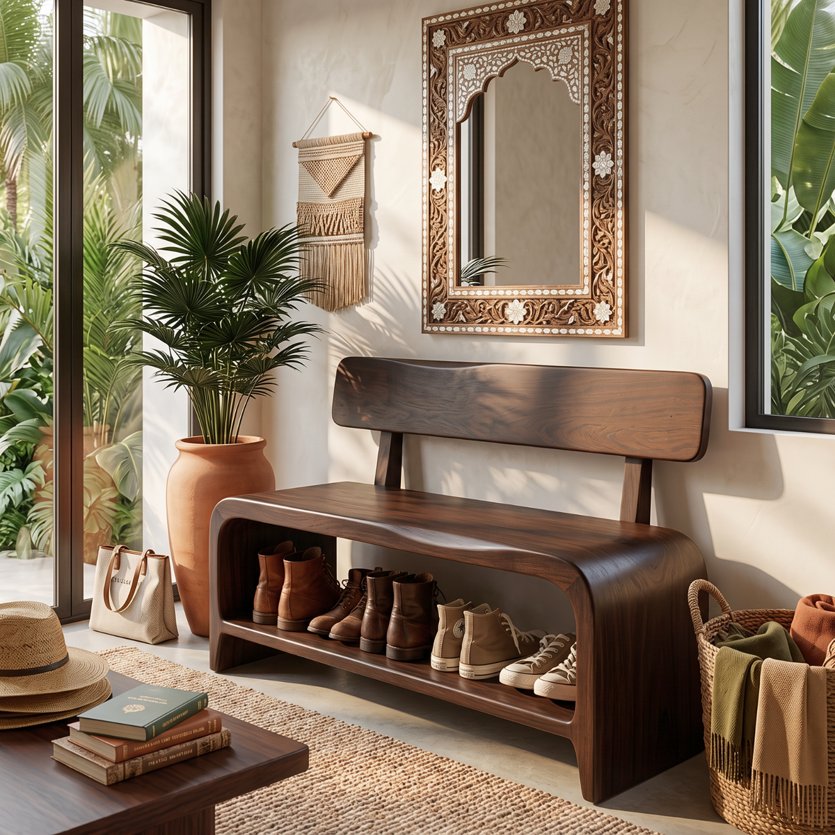 Shoe Bench Solid Wood with Backrest and Open Shoe Shelf for Entryway Storage