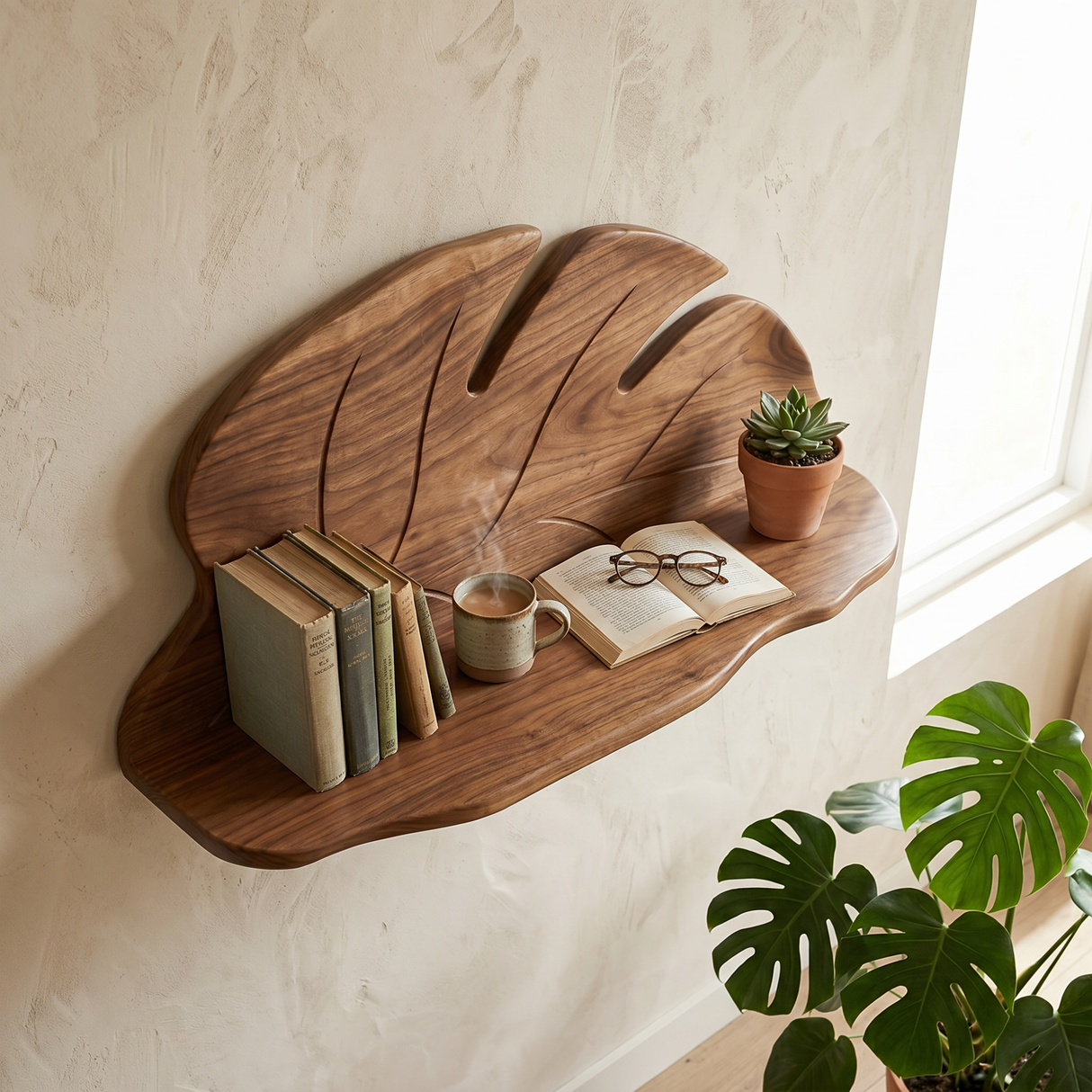 Hand Carved Solid Wood Monstera Leaf Wall Shelf for Decorative Display