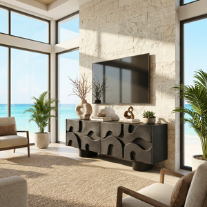 Solid Wood TV Cabinet with Sculptural Wave Relief Doors for Modern Interiors