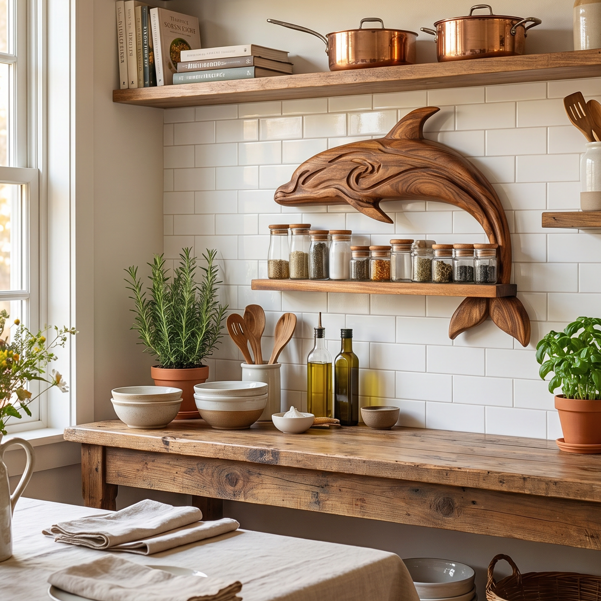 Solid Wood Dolphin Wall Shelf Spice Rack with Long Open Jar Display