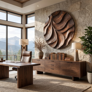 Solid Wood Oval Wall Art with Deep Carved Wave Relief and Organic Flow Design