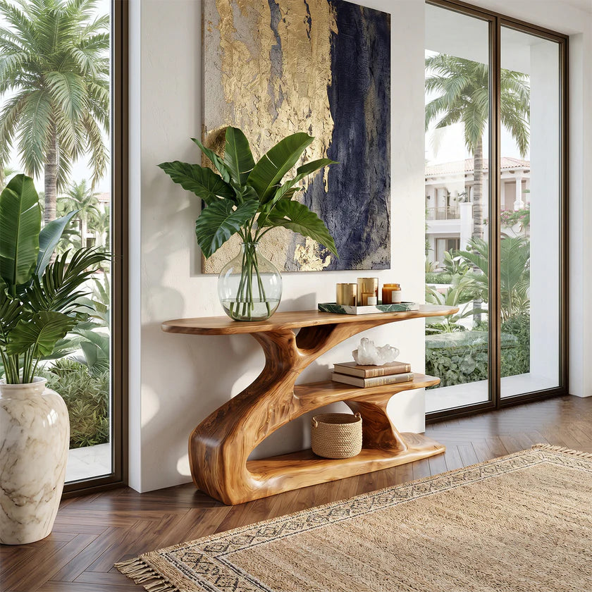 Sculptural Solid Wood Console with Integrated Shelf