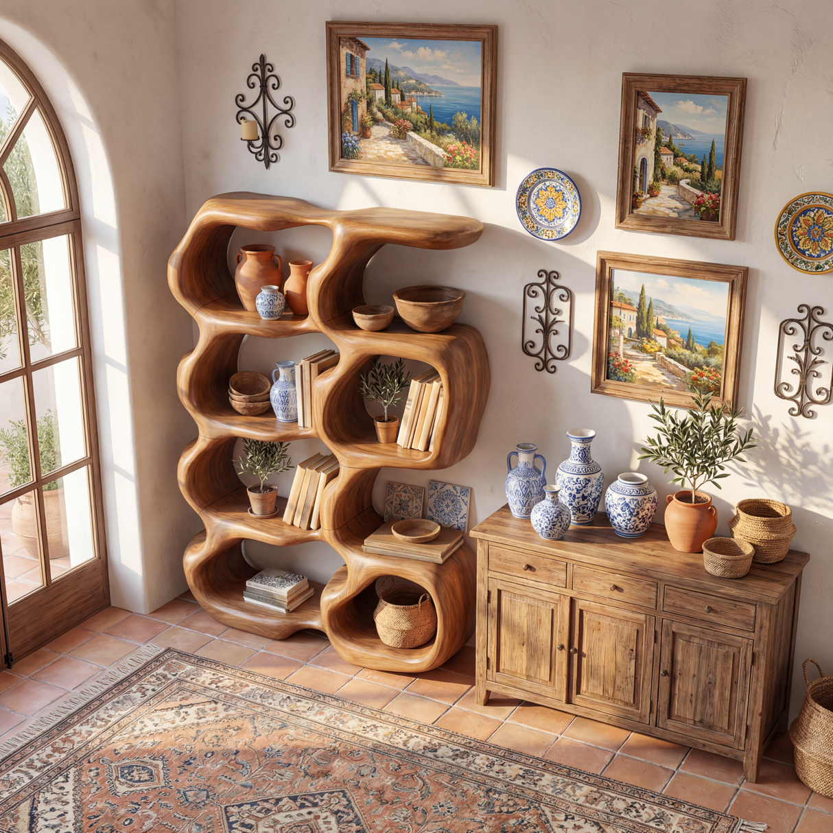 Sculptural Organic Wood Bookcase with Open Display Shelves