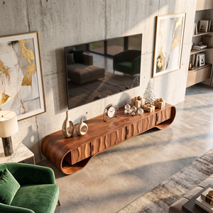 TV Stand with Sculptural Oval Frame and Natural Grain Cabinet Doors
