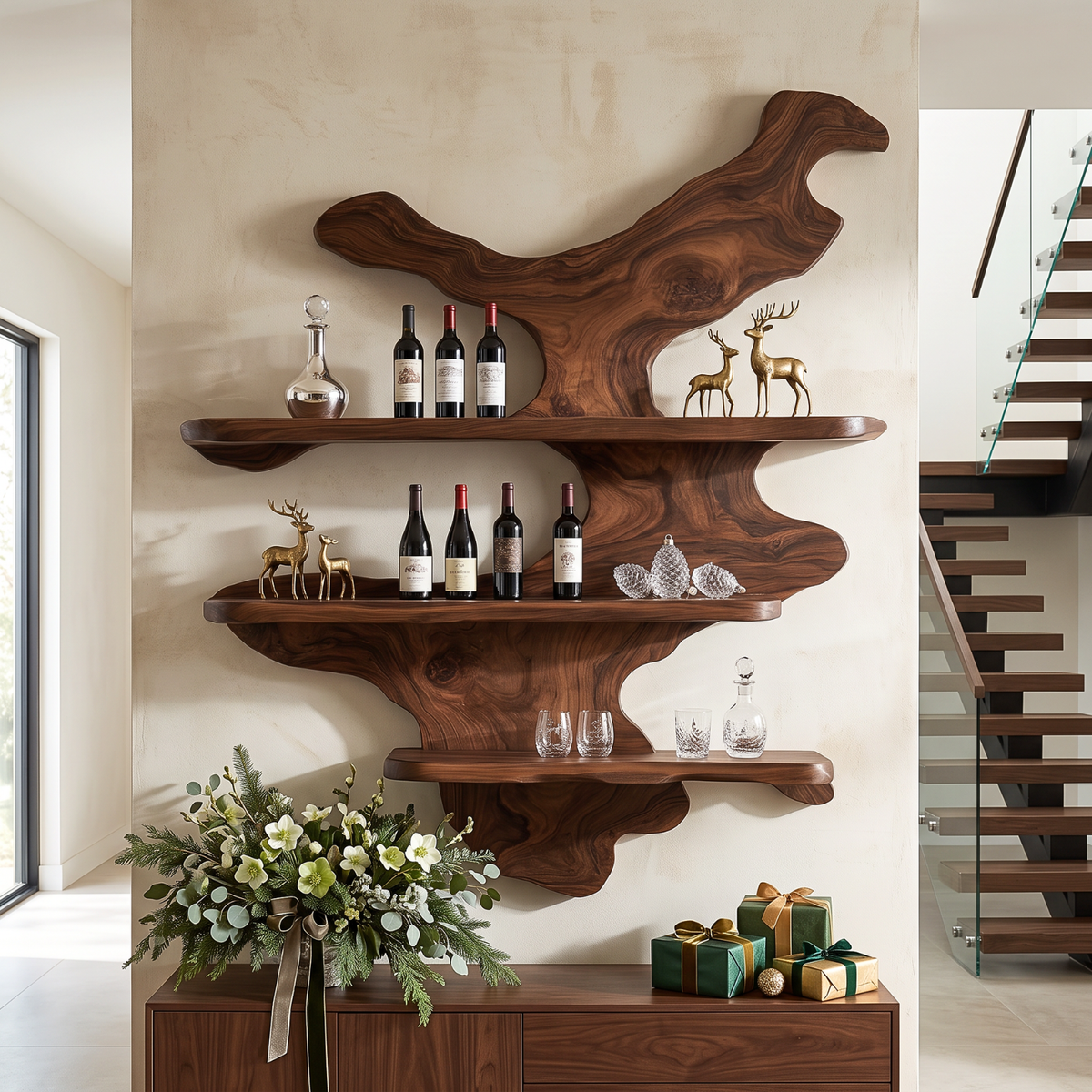 Organic Solid Wood Wine Rack with Floating Display Shelves and Sculptural Wall Form