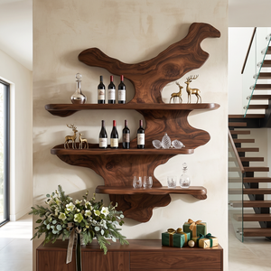 Organic Solid Wood Wine Rack with Floating Display Shelves and Sculptural Wall Form