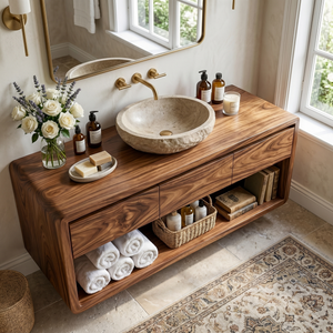 Floating Solid Wood Bathroom Cabinet Vanity with Rounded Modern Form