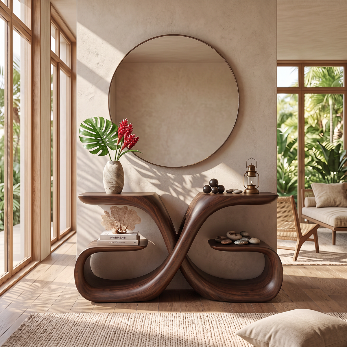 Handcrafted Solid Wood Console Table with Sculptural Infinity Base