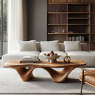 Coffee Table Solid Wood with Triple Hollow Sculptural Base for Living Room