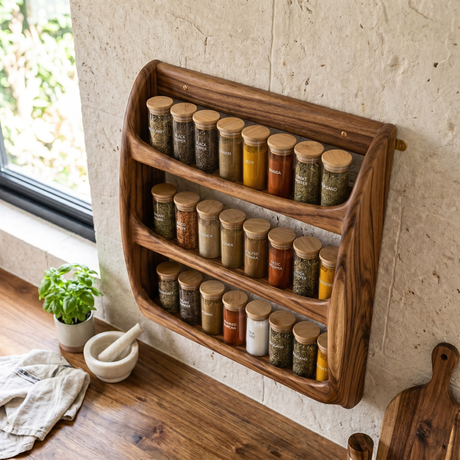 Solid Wood Wall Spice Rack with Rounded Three-Tier Open Shelf Design