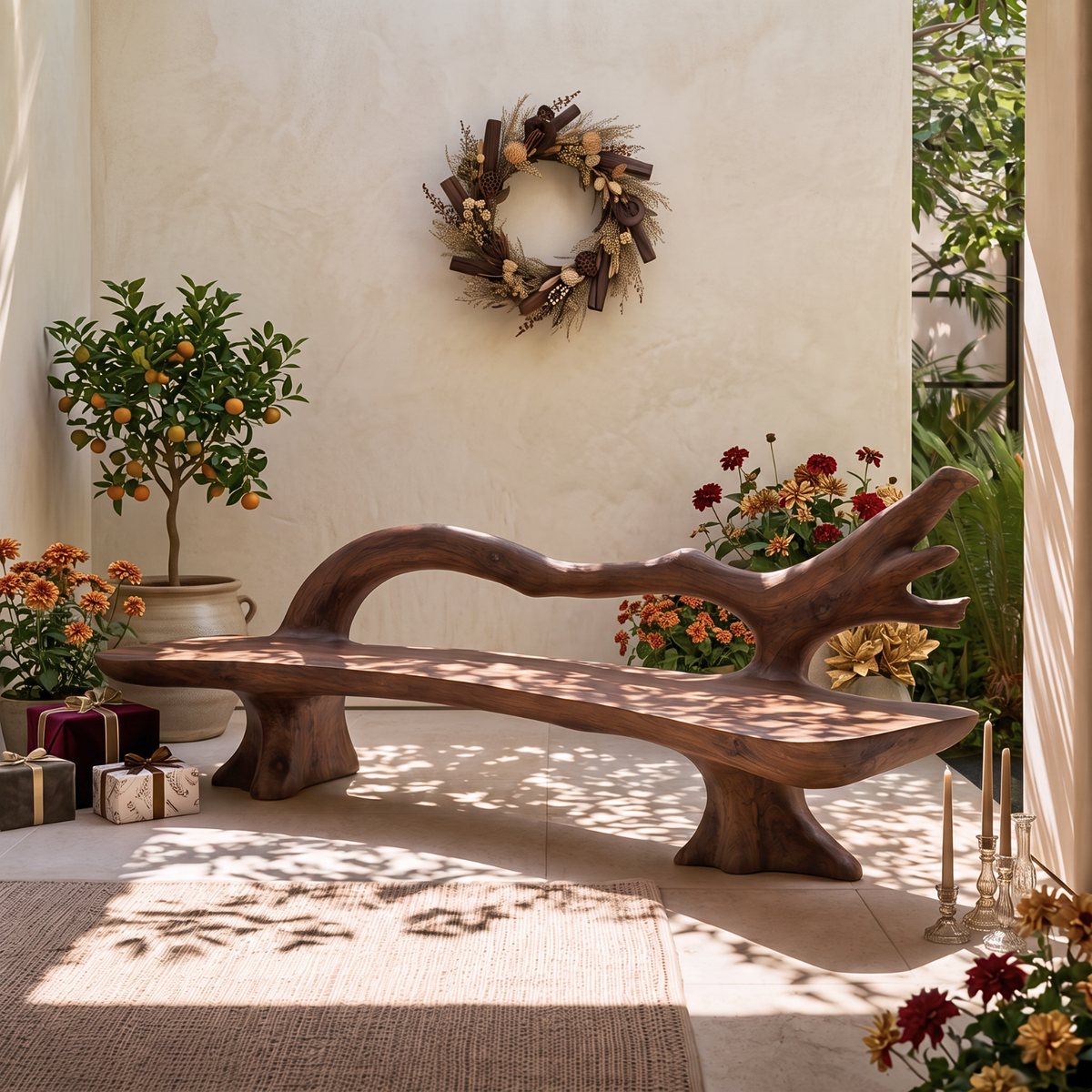 Handcrafted Solid Wood Outdoor Bench with Flowing Branch Backrest
