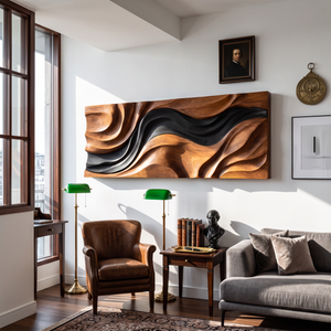 Wall Sculpture Abstract Tides with Flowing Black and Natural Wood Layers