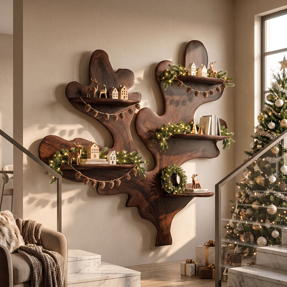 Sculptural Solid Wood Wall Shelf with Organic Branch and Leaf Design