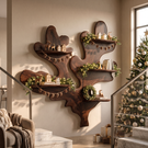 Sculptural Solid Wood Wall Shelf with Organic Branch and Leaf Design