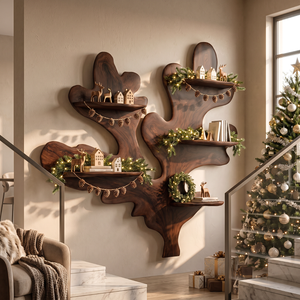 Sculptural Solid Wood Wall Shelf with Organic Branch and Leaf Design