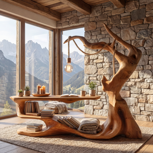 Sculptural Wood Reading Table with Integrated Hanging Lamp