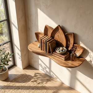 Natural Solid Wood Lotus Flower Wall Shelf with Sculpted Petal Back