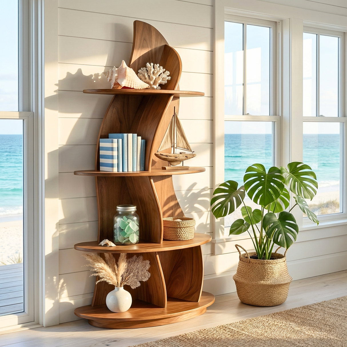 Handcrafted Solid Wood Sculptural Corner Bookcase with Curved Tiered Shelves