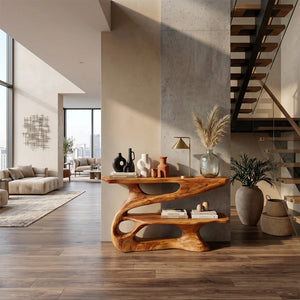 Modern Sculpted Wood Console Table with Open Shelf