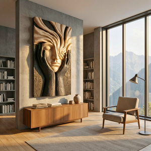 Handcrafted Solid Wood Face Wall Sculpture with Flowing Grain Hair and Black Relief Hands