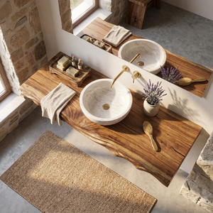 Live Edge Floating Wood Bathroom Vanity Shelf with Organic Grain Detail