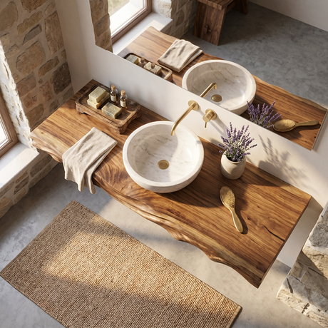 Live Edge Floating Wood Bathroom Vanity Shelf with Organic Grain Detail