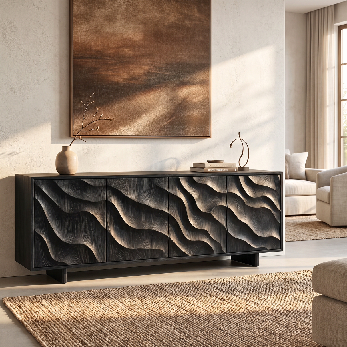 Sideboard Solid Wood with Sculptural Layered Wave Doors