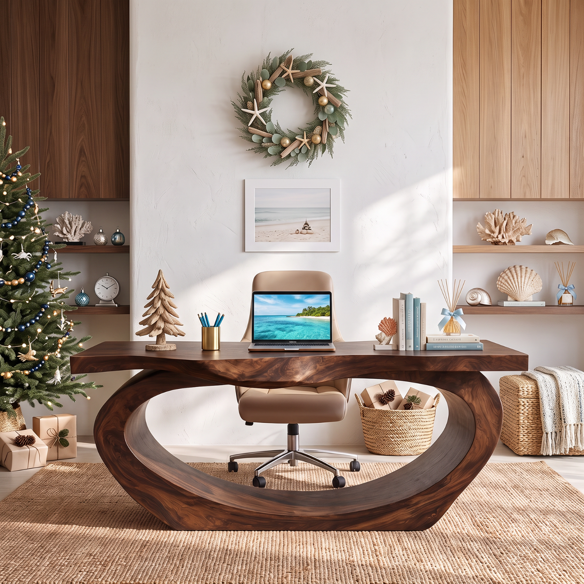Sculptural Solid Wood Executive Desk with Flowing Oval Loop Base