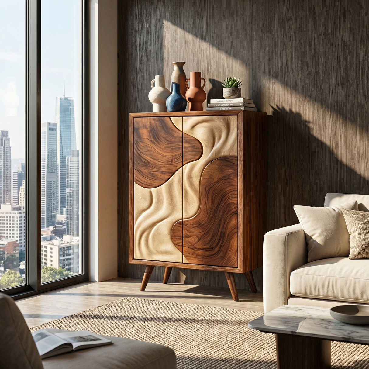 Solid Wood Sculptural Cabinet with Flowing Two-Tone Relief Doors for Modern Interiors