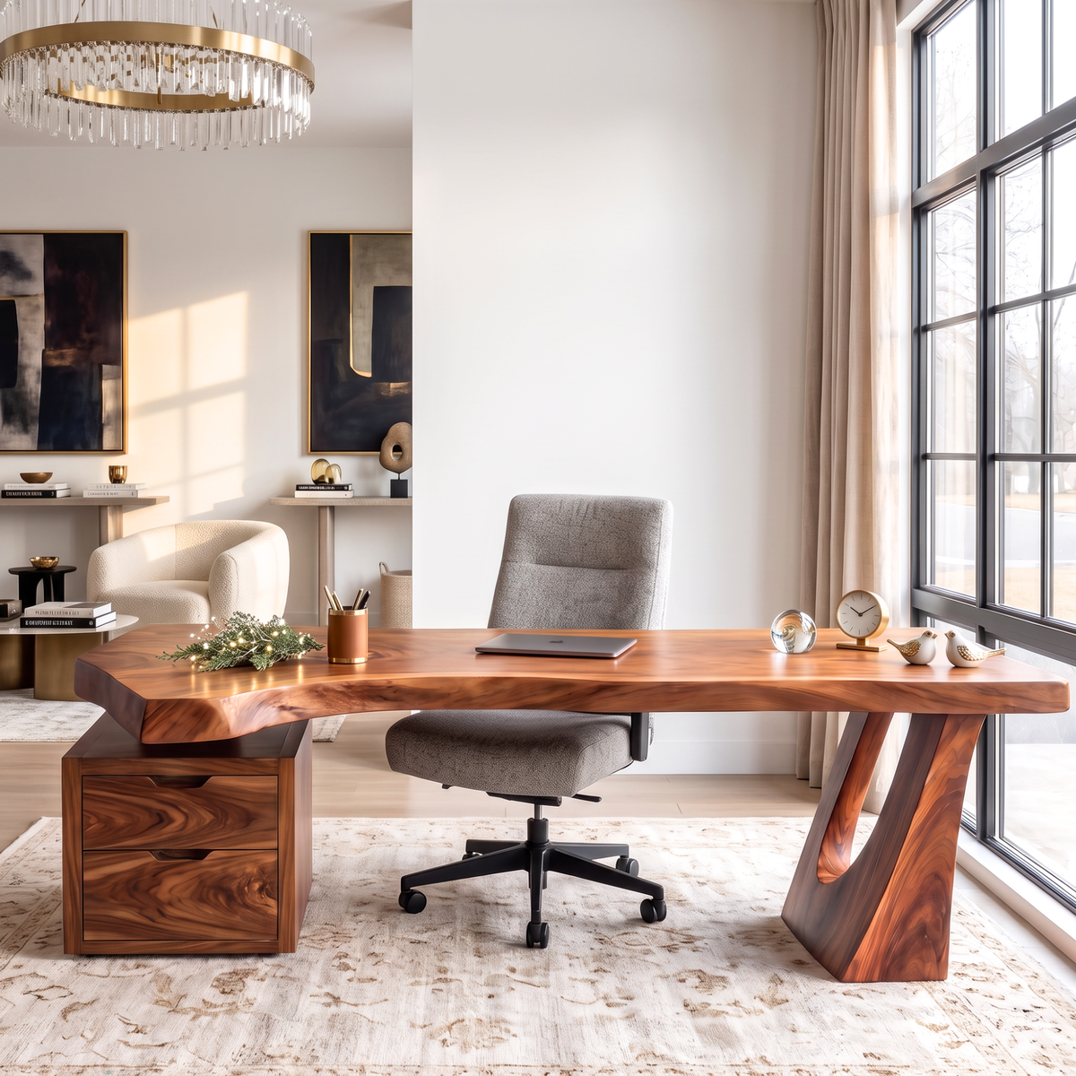 Sculptural Solid Wood Desk With Drawer Cabinet For Home Office