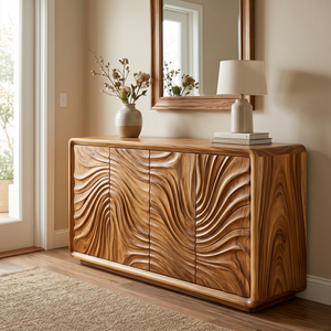 Solid Wood Sideboard Cabinet with Radiating Wave Carved Doors