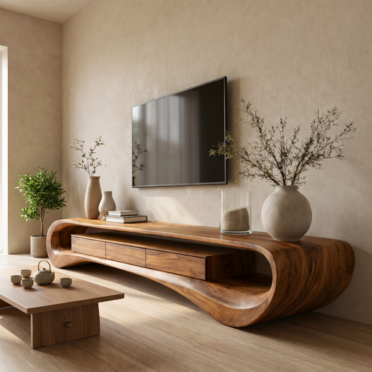 Organic Solid Wood TV Stand with Wave Frame and Storage Drawers